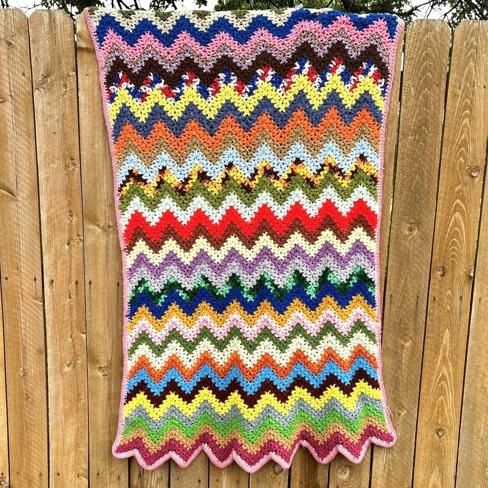 Vintage Crochet Zig Zag Afghan Blanket Throw Colorful Chevron Pattern 63